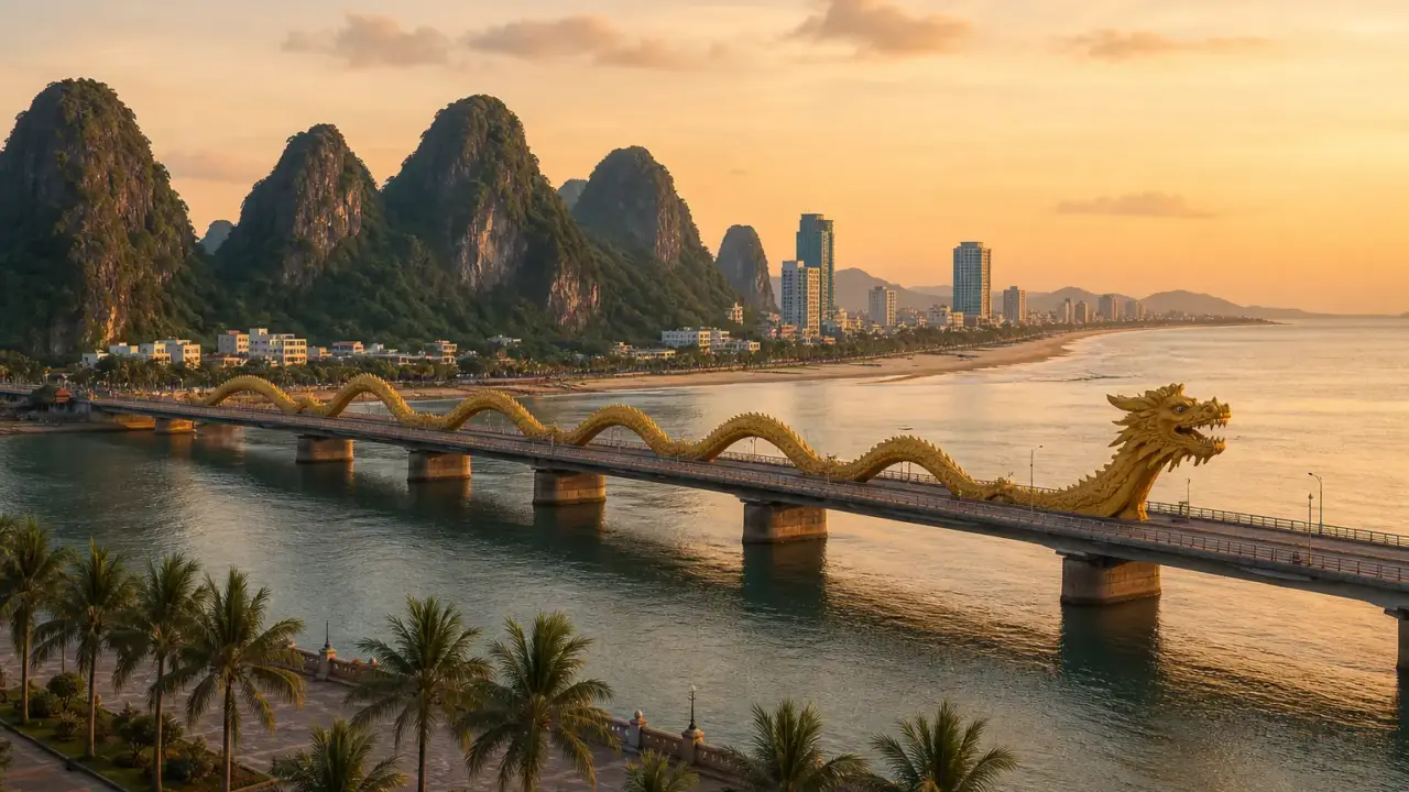 Ảnh minh hoạ cảnh sông, cầu và bờ biển thành phố Đà Nẵng lúc chiều