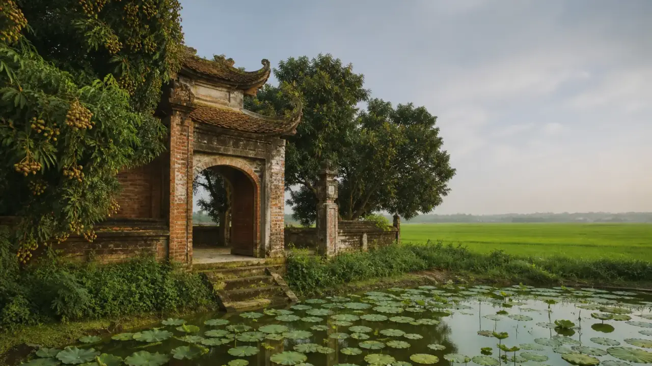 Ảnh minh hoạ đền cổ mái ngói và vườn nhãn ven sông vùng đồng bằng sông Hồng, cho bài chứng chỉ hành nghề xây dựng Hưng Yên