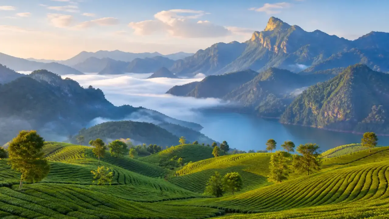Ảnh minh hoạ đồi chè, hồ nước và núi mây vùng cao nguyên Sơn La