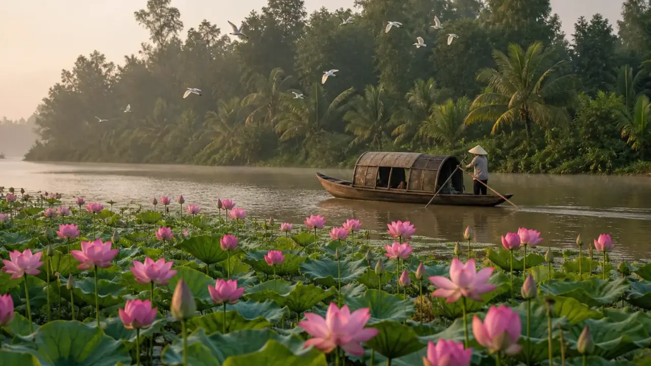Ảnh minh hoạ đồng sen hồng, xuồng gỗ trên sông và rừng tràm có đàn chim trắng ở vùng Đồng Tháp