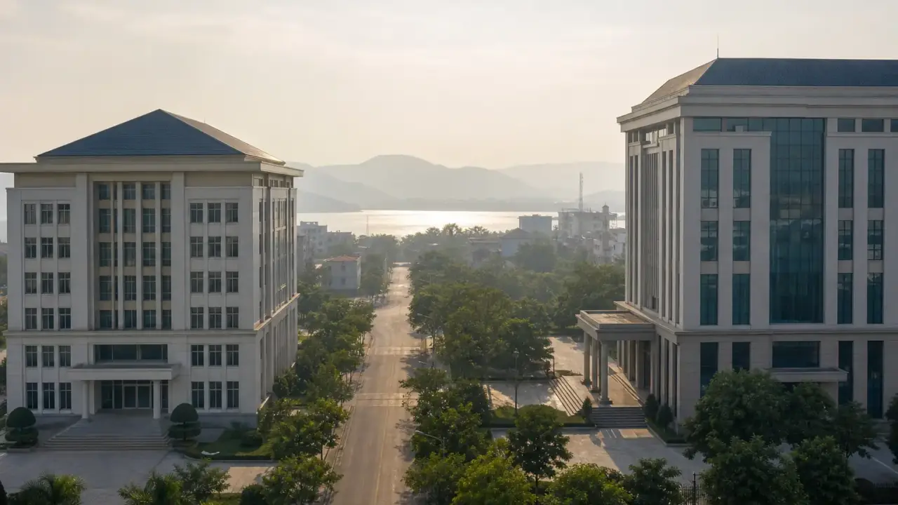 Ảnh minh hoạ hai khối nhà công sở bên đường lớn, cho bài chứng chỉ hành nghề xây dựng Quảng Trị