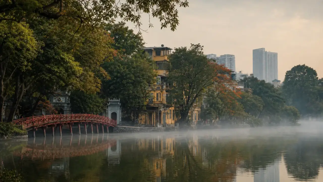 Ảnh minh hoạ hồ nước và phố cổ Hà Nội trong sương sớm mùa thu, cho bài chứng chỉ hành nghề xây dựng Hà Nội