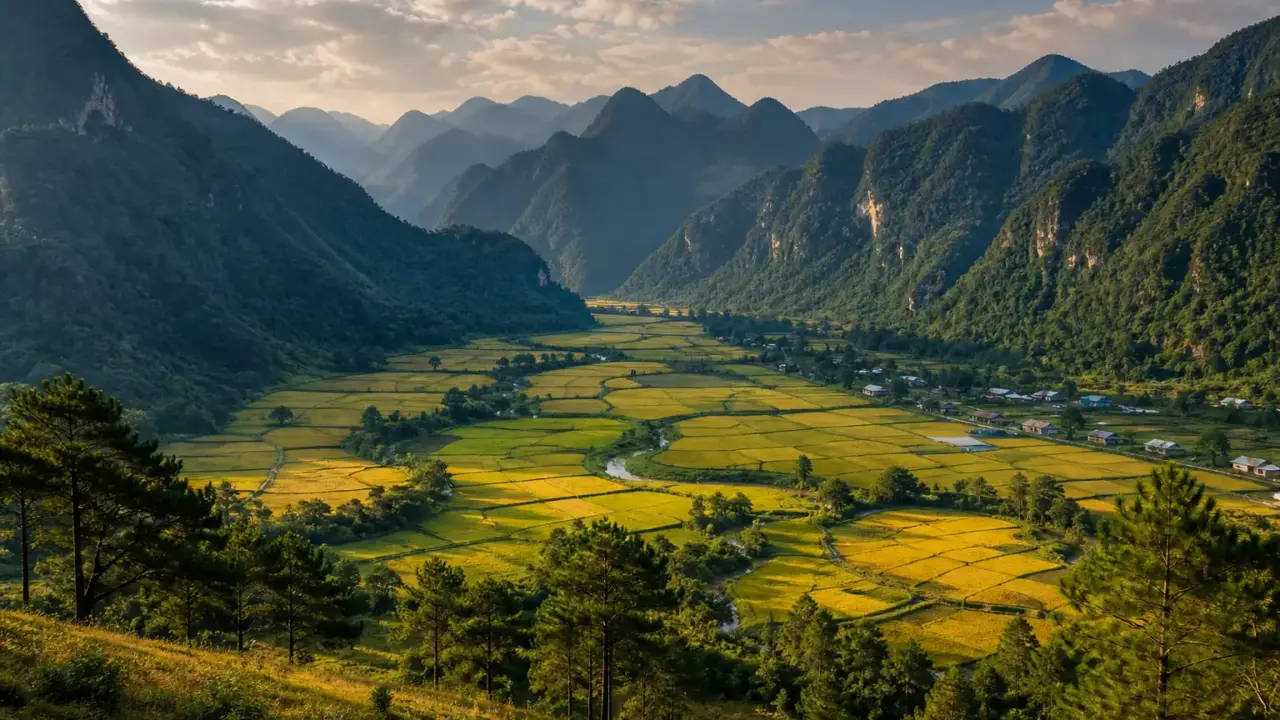 Ảnh minh hoạ lòng chảo ruộng lúa và núi bao quanh vùng Điện Biên lúc chiều