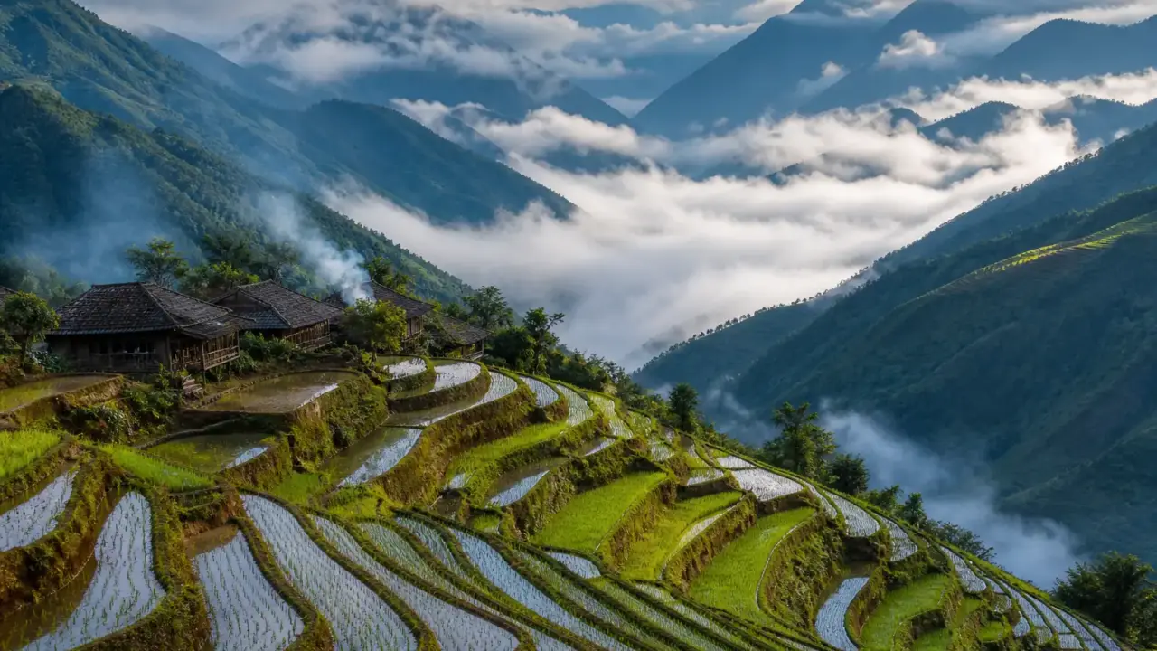 Ảnh minh hoạ ruộng bậc thang và núi mây vùng Lai Châu lúc sớm