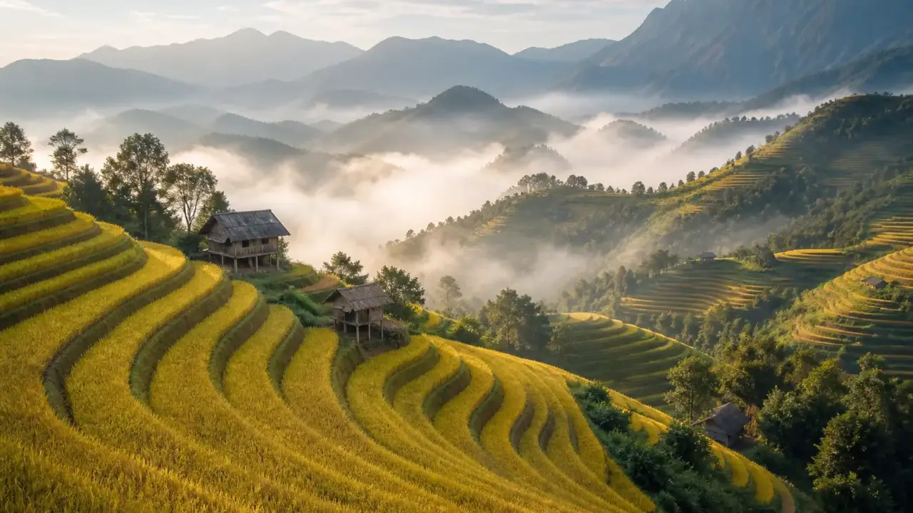 Ảnh minh hoạ ruộng bậc thang vùng núi Tây Bắc trong sương sớm, cho bài chứng chỉ hành nghề xây dựng Lào Cai