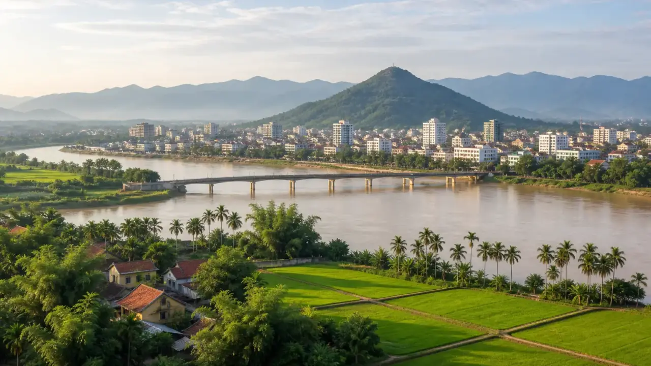 Ảnh minh hoạ sông, đồng ruộng và thành phố ven sông vùng Nghệ An lúc sớm