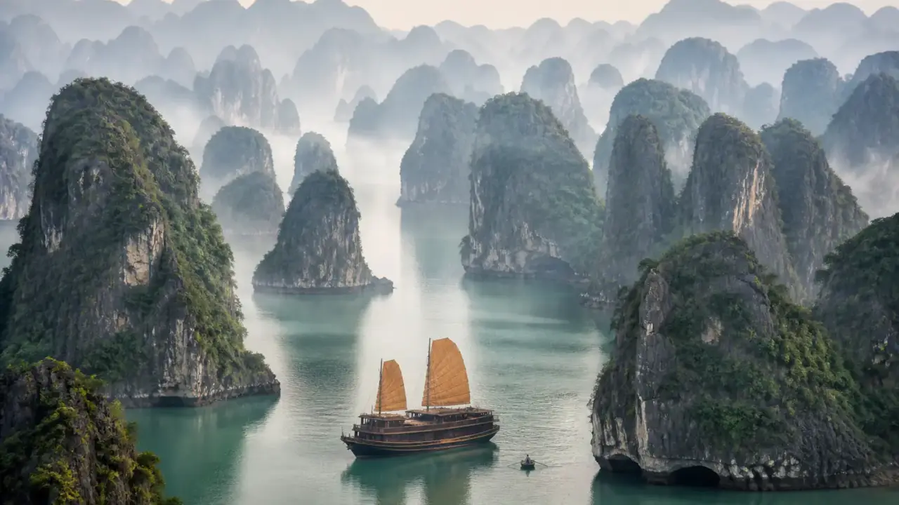 Ảnh minh hoạ vịnh biển với các đảo đá vôi vùng Quảng Ninh lúc sớm