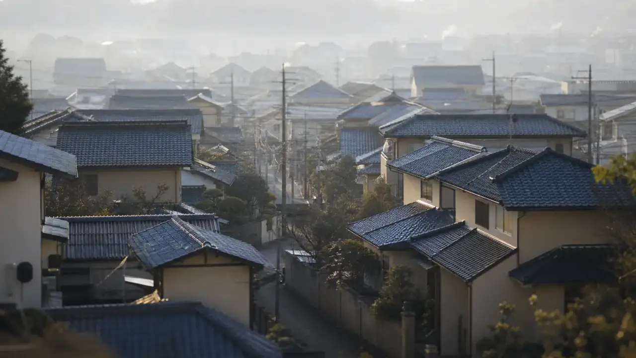 Khu dân cư nhà thấp tầng nhìn từ trên cao trong sương sớm