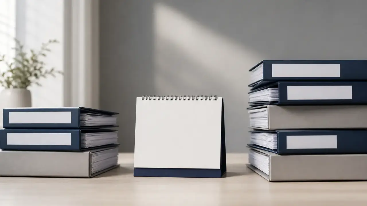 Lịch để bàn đứng giữa hai chồng hồ sơ cao thấp khác nhau, minh hoạ mốc chuyển tiếp 01/7/2026
