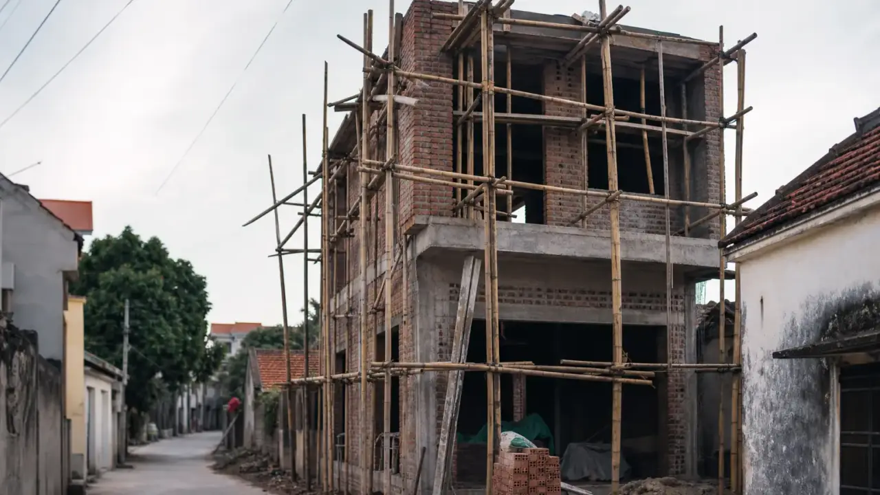 Nhà ở riêng lẻ hai tầng đang xây trong ngõ dân cư, tường gạch mộc và giàn giáo