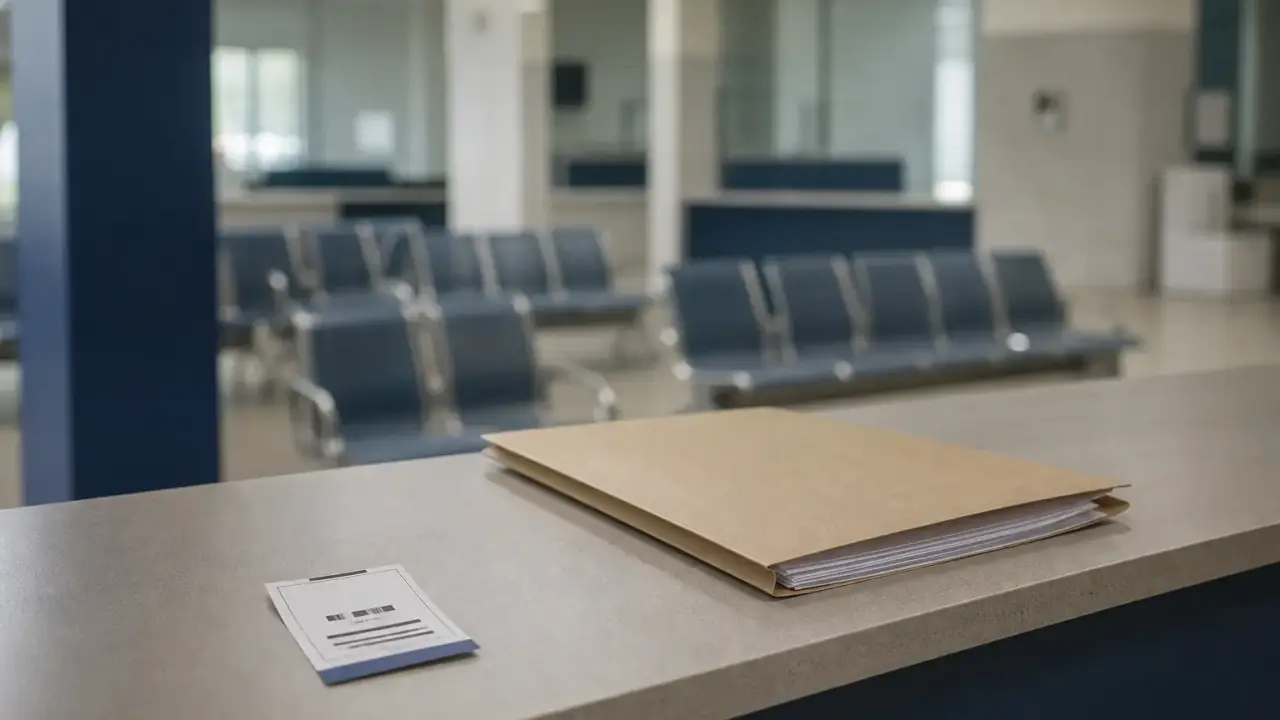 Quầy tiếp nhận hồ sơ tại trung tâm phục vụ hành chính công, có tập hồ sơ và phiếu số thứ tự đặt trên mặt quầy