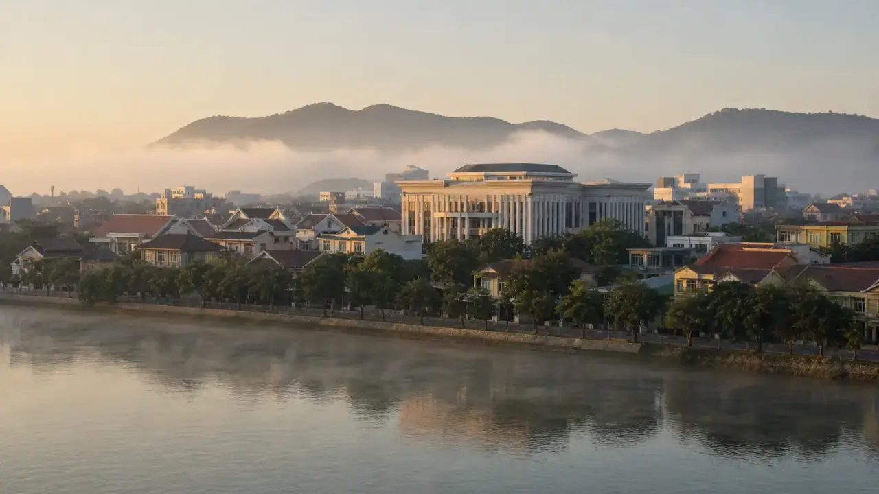 Thành phố ven sông miền Trung lúc sớm mai, minh hoạ thủ tục chứng chỉ hành nghề xây dựng Huế