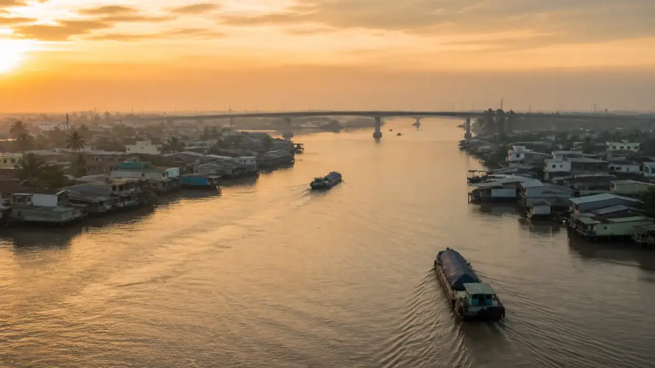 Thành phố ven sông vùng đồng bằng lúc sớm mai, minh hoạ thủ tục chứng chỉ hành nghề xây dựng Cần Thơ