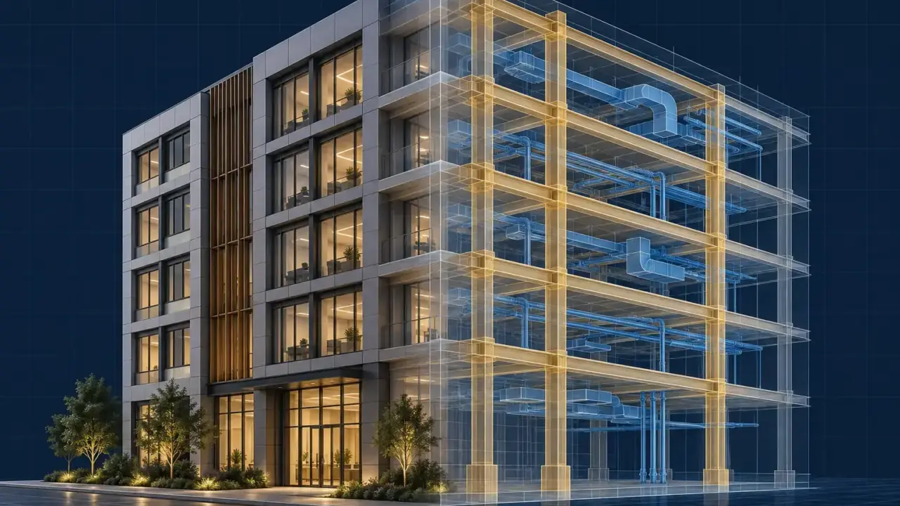 BIM là gì: toà nhà thể hiện một nửa là mặt dựng hoàn thiện, một nửa là mô hình thông tin với dầm, cột, đường ống tách thành từng đối tượng